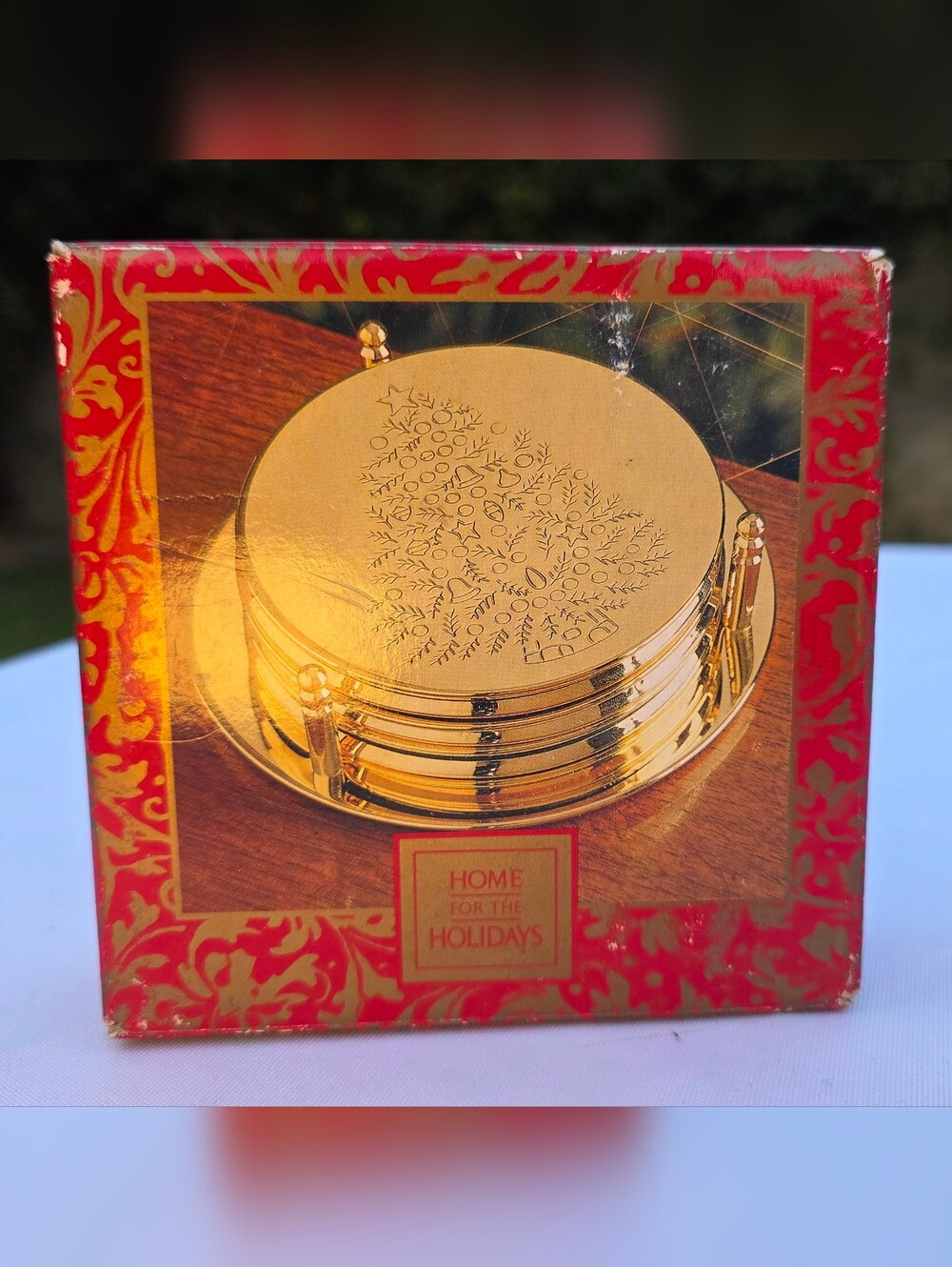 Brass Coasters Set of 6 | Christmas Tree Etched With Holder |New Old Stock